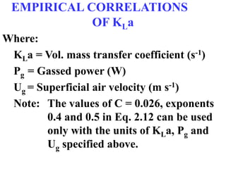 EMPIRICAL CORRELATIONS
OF KLa
Where:
KLa = Vol. mass transfer coefficient (s-1)
Pg = Gassed power (W)
Ug = Superficial air velocity (m s-1)
Note: The values of C = 0.026, exponents
0.4 and 0.5 in Eq. 2.12 can be used
only with the units of KLa, Pg and
Ug specified above.
 
