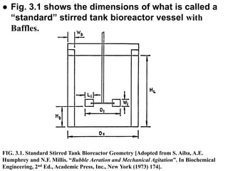 ● Fig. 3.1 shows the dimensions of what is called a
“standard” stirred tank bioreactor vessel with
Baffles.
FIG. 3.1. Standard Stirred Tank Bioreactor Geometry [Adopted from S. Aiba, A.E.
Humphrey and N.F. Millis. “Bubble Aeration and Mechanical Agitation”. In Biochemical
Engineering, 2nd Ed., Academic Press, Inc., New York (1973) 174].
 