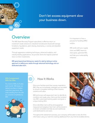 ROI Strategies for 
Surplus Industrial Parts & Equipment
Overview
The IMS Asset Recovery Program specializes in effective return on
investment resale solutions to industrial manufacturers faced with storage
limitations, liquidations, plant closing, downsizing, or excess and obsolete
equipment needs.
Through aggressive marketing techniques, advanced analytics, and
industry-leading applications, we provide clients the highest potential
return on their investments.
IMS goes beyond just listing your assets for sale by taking an active
approach to selling your assets through advanced technology and our
dedicated sales team.
It is important to have a
process for handling MRO
surplus.
IMS works with your supply
chain and MRO teams to
clear space, generate ROI,
and help your sustainability
initiatives.
How It Works
Once your facilities send their excess materials to
IMS, they are immediately cataloged and recorded
to ensure a complete tracking of their location,
contents and value.
IMS technicians will assess each item to identify its
condition and resale value. Items are then entered
into IMS’ customized tracking system and given a
unique tracking SKU.
Once identified, items will be photographed,
measured and weighed. Each item will be stored in
a climate controlled and fully secured warehouse
until distributed to end users.
Throughout the assessment process, your company will be able to view all of the
information using our real-time tracking dashboard from any Internet-enabled device.
Don’t let excess equipment slow
your business down.
You receive 50% of all sales
each month. IMS does not
deduct any fees or hidden
costs from payments. Any
costs resulting from the sale
are covered completely by
IMS.
50% Consignment  
With No Fees
 
