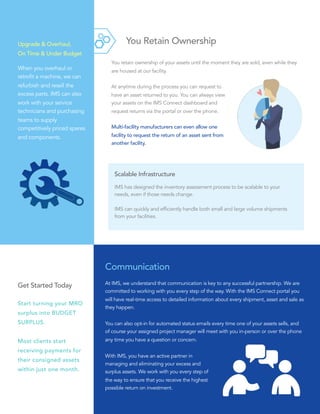  
ROI Strategies for 
Surplus Industrial Parts & Equipment
You Retain Ownership
You retain ownership of your assets until the moment they are sold, even while they
are housed at our facility.
At anytime during the process you can request to
have an asset returned to you. You can always view
your assets on the IMS Connect dashboard and
request returns via the portal or over the phone.
Multi-facility manufacturers can even allow one
facility to request the return of an asset sent from
another facility.
When you overhaul or
retrofit a machine, we can
refurbish and resell the
excess parts. IMS can also
work with your service
technicians and purchasing
teams to supply
competitively priced spares
and components.
Upgrade & Overhaul, 
On Time & Under Budget
IMS has designed the inventory assessment process to be scalable to your
needs, even if those needs change.
IMS can quickly and efficiently handle both small and large volume shipments
from your facilities.
Scalable Infrastructure
Get Started Today
Start turning your MRO
surplus into BUDGET
SURPLUS.
Most clients start
receiving payments for
their consigned assets
within just one month.
Communication
At IMS, we understand that communication is key to any successful partnership. We are
committed to working with you every step of the way. With the IMS Connect portal you
will have real-time access to detailed information about every shipment, asset and sale as
they happen.
You can also opt-in for automated status emails every time one of your assets sells, and
of course your assigned project manager will meet with you in-person or over the phone
any time you have a question or concern.  
 
With IMS, you have an active partner in
managing and eliminating your excess and
surplus assets. We work with you every step of
the way to ensure that you receive the highest
possible return on investment.
 