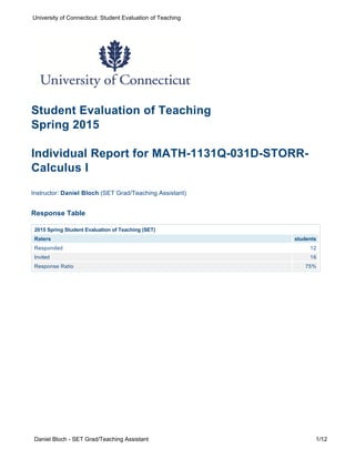 Student Evaluation of Teaching
Spring 2015
Individual Report for MATH-1131Q-031D-STORR-
Calculus I
Instructor: Daniel Bloch (SET Grad/Teaching Assistant)
Response Table
2015 Spring Student Evaluation of Teaching (SET)
Raters students
Responded 12
Invited 16
Response Ratio 75%
University of Connecticut: Student Evaluation of Teaching
Daniel Bloch - SET Grad/Teaching Assistant 1/12
 