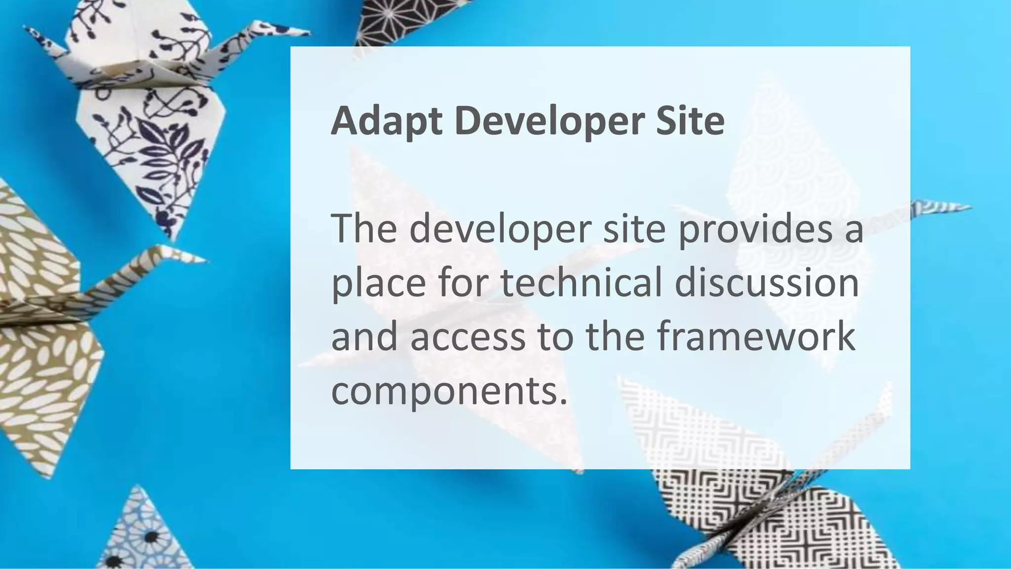 Adapt Developer Site 
The developer site provides a 
place for technical discussion 
and access to the framework 
components. 
 