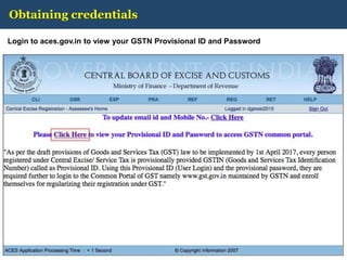 Obtaining credentials
Login to aces.gov.in to view your GSTN Provisional ID and Password
3
 