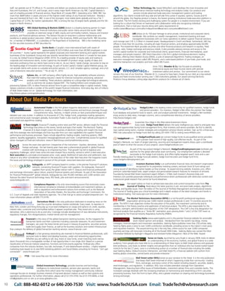 staff, we operate out of 75 offices in 15 countries and deliver our products and services through operations in
Asia and Australasia, the U.K. and Europe, and in every major North American city. RBC Capital Markets is
part of a leading provider of financial services, Royal Bank of Canada (RBC). Operating since 1869, RBC has
more than $684 billion in assets and one of the highest credit ratings of any financial institution - Moody's
Aaa and Standard & Poor's AA-. RBC is one of the strongest, most stable banks globally and has a Tier 1
Capital Ratio of 12.9%. By market capitalization, RBC is among the top 20 largest banks globally and the 5th
largest in North America.
RBS Global Banking & Markets (GBM) division is a leading banking partner to major
corporations, financial institutions and public sector clients around the world. GBM
provides an extensive range of debt, equity and commodity markets, treasury and investor
products, and financial advisory services. The division focuses on long-term customer relationships and
excellence in global product execution. GBM is active in the Americas, EMEA and Asia Pacific. RBS Securities
Inc. a member of FINRA/SIPC, is a subsidiary of The Royal Bank of Scotland plc. RBS is the marketing name
for the securities business of RBS Securities Inc.
Scotia Bank is Canada’s most international bank with assets of
approximately $C523.4 billion and more than 69,900 employees in over
50 countries.* Scotia Capital represents the global corporate and investment banking and capital markets
businesses of the Scotiabank Group and was recently named Best Investment Bank in Canada for two years
in a row, by Global Finance Magazine (2009, 2010). As a leading provider of equity sales and trading to
corporate and institutional clients, Scotia Capital has the breadth of product range, quality of ideas and
execution proficiency that our clients have come to rely on. As our clients’ needs change, we evolve to stay on
the leading-edge of innovation and technology. As part of Scotia Capital’s Global Capital Markets group, we
can provide clients with access to custodial and prime services, U.S. and Canadian agency coverage, and a full
suite of electronic execution services." *As at July 31, 2010
Sybase, Inc., an SAP company, offers highly secure, high-availability software solutions
that meet the trading industry’s needs for intensive transaction processing, advanced
analytics and modeling. These solutions capitalize on cutting-edge technological advances,
such as real-time risk analysis (Sybase RAP - The Trading Edition) and complex-event
processing (Sybase CEP), to allow financial services firms to gain a competitive edge in capital markets. Today,
Sybase customers include a number of the world’s largest financial institutions. And every day, tens of millions
of Wall Street trades run on Sybase technology. For more information, visit:
http://www.sybase.com/capitalmarkets
Tethys Technology, Inc. (www.TethysTech.com) develops the most innovative and
performance intensive trading technology and analytics today. Our products and
services include advanced trade execution management systems and trading
algorithms. Our clients include both buy side and sell side firms active in equities, options, futures and FX
around the globe. Our flagship product is Execta, the fastest growing institutional trade-execution platform in
the market. The firm fosters exciting and challenging careers for people in a creative environment. If you are
looking for a culture that thrives on teamwork and collaboration while also recognizing individual
contributions, then e-mail your resume along with salary requirements to
mailto:careers@warnaco.commailto:hrdepartment@warnaco.comcareers@tethstech.com.
UBS draws on its 150-year heritage to serve private, institutional and corporate clients
worldwide. We combine our wealth management, investment banking and asset
management businesses with our Swiss operations to deliver superior financial solutions
and manage over CHF 2.2 trillion in invested assets. Headquartered in Zurich and Basel, Switzerland, UBS has
offices in more than 50 countries, including all major financial centers, and employs approximately 64,000
people. The Investment Bank provides securities and other financial products and research in equities, fixed
income, rates, foreign exchange and precious metals. It also provides advisory services and access to the
world's capital markets for corporate and institutional clients, governments, financial intermediaries, asset
managers and private investors. UBS Direct Execution is the firm’s global institutional electronic trading
business, offering Direct Market Access (DMA), a suite of advanced Algorithmic Trading strategies, an
execution management system called UBS Pinpoint, and a web-based platform of pre-trade, post-trade, and
real-time transaction cost analytics and tools called UBS Fusion.
Since 1922, Weeden & Co. has focused on providing
institutional equity and fixed income clients with premier
investment advice and services. Our commitment to our clients
remains the core of our franchise. Weeden & Co. is proud to have been chosen by our cliets as a top-ranked
equity and fixed income broker serviing over 1,500 institutions globally. Our award winning Electronic
Products Group develops cutting edge algorithmic products for a diverse set of clients.
Automated Trader is the first global magazine dedicated to automated and
algorithmic trading, and offers in-depth business and technical coverage through
comprehensive news, features, in-depth articles on best practice/techniques and
detailed user case studies. In addition to thousands of CTAs, hedge funds, proprietary trading operations
and conventional asset managers globally, Automated Trader is also read by all major sellside participants in
automated and algorithmic trading.
A-Team Insight, financial IT's leading online news and PDF service, delivers insight for Financial
Technology Executives on the stories, trends and topics that matter. The Electronic Trading
Channel of A-Team Insight covers the business of electronic trading with insight into how sell-
side firms leverage new technologies and how buy-side firms turn new capabilities into superior financial
performance and business processes. Topics include algorithmic trading models, matching systems, OMS
systems, liquidity aggregators, transaction messaging/protocols and more. Complimentary access for qualified
senior managers at financial institutions: www.A-TeamGroup.com/complimentary-access.
Across the asset class spectrum. Irrespective of the instrument - equities, derivatives, bonds,
foreign exchange - the last twenty years have seen a phenomenal growth in global financial
markets with technology as its empowering force. That growth has led to logistical and
regulatory challenges, which have come into even sharper focus recently, central to which is best execution.
Best execution as a principle encompasses price, costs, speed, likelihood of execution and settlement, size,
nature or any other consideration relevant to the execution of the order. Best Execution the magazine covers
the issues and technology employed in pursuit of this principle. www.best-execution-world.com
bobsguide, an AFP® company based in London, is the premier financial IT solutions
network, connecting financial IT buyers with suppliers. On bobsguide, financial IT
suppliers from across the globe interact with IT, treasury and financial professionals
and exchange information about robust, practical financial systems and software. As part of the Association
for Financial Professionals®’ global network, bobsguide has over 45,000 members and 2,000 vendors and
features the latest financial technology news, RSS feeds, jobs and event announcements.
www.bobsguide.com
Compliance Reporter is the only news-breaking source that exclusively covers
international compliance initiatives at broker/dealers and investment advisers, as
well as regulations and enforcement actions from entities such as the National
Association of Securities Dealers, the Securities and Exchange Commission, the
U.S. Court of Appeals and state regulatory agencies. For a free trial go to www.compliancereporter.com. For
more information please call 800.715.9195.
Derivatives Week is the only publication dedicated to breaking news on the
over-the-counter derivatives market worldwide. Every week, its reporters in
New York, London and Hong Kong dig up must-read intelligence on swaps and options on credit, equities,
interest rates, currencies and commodities before it appears anywhere else. They reveal who is using
derivatives, who is planning to do so and why. Coverage includes development of new derivative instruments,
regulatory changes, firm reorganizations, market trends and risk management.
Financial-i is the voice of the global transaction banking business. As the magazine for
transaction banks and their customers including corporate treasurers, FIs and investment
managers, we cover the latest trends and issues in treasury & payments, securities services,
trade and supply chain finance, as well as the business solutions and market infrastructure
that underpin the delivery of global transaction banking services. www.financial-i.com
FinRoad is a fast growing networking site reserved to Financial Markets professionals, with
exclusive tools to detect and develop business, career and networking opportunities.
Whether you are willing to sell, buy, invest or raise funds, smart matching tools narrow
down thousands into a manageable number of real opportunities in one single click! Based on a precise
classification of financial markets subsectors, functions and instruments expertise. FinRoad also offers
companies from the industry (brokers, buy side, exchanges, IT and data/software vendors...) highly targeted
marketing tools based on its new B2B marketing platform and Social Media consulting for Finance. "Let’s get
connected!" : www.finroad.com
FTSE – Visit www.ftse.com for more information.
Global Investment Technology provides business and technology
intelligence to institutional investors, pension plan sponsors, banks and
securities firms which serve the money management community. Editorial
coverage focuses on strategic business interests of top-level decision makers as well as their systems and
operations professionals. For further information, please call (212) 370-3700, fax (212) 370-4606, e-mail
info@globalinv.com or visit us at www.globalinv.com.
HedgeCo.Net is the leading online community for qualified investors, hedge funds
and service providers. For investors, HedgeCo.Net offers the premier free hedge
fund database and powerful tools to search, rank and analyze potential investments. HedgeCo.Net members
enjoy access to daily news, manager columns, and a comprehensive directory of service providers.
http://www.hedgeco.net/
Guarantee Your Edge in the Alternative-Investment Arena
Every week, Hedge Fund Alert delivers the early intelligence you need to anticipate new
risks and opportunities facing fund-management firms, their investors and service providers. Be first to identify
new capital-raising tactics, investor strategies and competition among industry vendors. Sign up for a three-issue
FREE trial subscription to Hedge Fund Alert by calling 201-659-1700 or visiting www.HFAlert.com.
At HedgeFundTools.com we connect hedge funds to pre-qualified service providers
with a proven track record of high quality, cost effective results. As part of the
HedgeCo Network, our team of project planning, sourcing and management experts draws upon a worldwide
pool of talent to drive the success of your projects. www.hedgefundtools.com
As part of the top-ranked HedgeCo Network, HedgeFundEmployment.com facilitates job
searches for the global alternative asset community. Our employment website is devoted
exclusively to the hedge fund industry, and offers highly-targeted search tools and a user-
friendly meeting place for hedge fund job seekers, hedge fund recruiters and hedge fund firms.
www.hedgefundemployment.com
Investors Business Daily is an authoritative financial news and research organization
recognized for its proprietary investing screens, exclusive Stock & Fund ratings and
strong record of identifying market leaders as they emerge. Its award winning website, Investors.com, offers
premium subscriber-based tools, expert analysis and personalized research features for investors of all levels.
Founded by famed Wall Street investment expert William J. O’Neil, both Investor’s Business Daily and
Investors.com provide passionate individuals and performance-driven professionals with distinctive content and
institutional grade research that cannot be found elsewhere.
Get expert advice on how to achieve best execution and control transaction costs from The
Journal of Trading. Read about the latest practice in pre- and post-trade analysis, algorithmic
trading, and liquidity issues. From the editor of The Journal of Portfolio Management and Institutional Investor,
The Journal of Trading gives you critical knowledge and in-depth analysis of the latest strategies and trends in
institutional trading. Visit www.iijot.com for more information.
The Market Technicians Association (MTA) is a not-for-profit professional regulatory
organization servicing over 3,800 market analysis professionals in over 73 countries around the
globe. The MTA’s main objectives involve the education of the public, the investment community and its
membership in the theory, practice and application of technical analysis. The MTA is also responsible for the
creation, oversight, administration and regulation of the CMT designation. The CMT is the only designation for
technical analysts that qualifies as a “Series 86” exemption upon passing levels 1 and 2 of the CMT exam as
recognized by the Financial Industry Regulatory Authority (FINRA).
Seeking Alpha (www.seekingalpha.com) is the premier financial website for actionable
stock market opinion and analysis. Handpicked from the world's top blogs, money
managers, financial experts and investment newsletters, Seeking Alpha publishes more than 250 articles daily.
Seeking Alpha gives a voice to over 3,000 contributors worldwide, providing access to the nation's most savvy
and inquisitive investors. The award-winning site is the only free, online source for over 3,000 companies'
quarterly earnings call transcripts including all of the Russell 3000 Index. Seeking Alpha was named the Most
Informative Website by Kiplinger's Magazine and received Forbes Magazine's 'Best of the Web' Award.
Sense on Cents, launched by Larry Doyle in January 2009, looks to deliver
an understanding of the economy, markets, and global finance to a wide
audience. From people who have little to no understanding of these topics to Wall Street veterans and graduate
level professors, Larry looks to deliver insights and perspectives from an individual who has honed market based
instincts for the last 27 years. Larry is a contributing author at a number of financial sites including the widely
read Seeking Alpha, Global Economic Intersection, and Wall Street Pit, a financial website with authors from
leading global universities, central banks and private enterprise.”
Wall Street Letter (WSL) serves as your window to the Street. It is the only publication
that keeps Wall Street informed of what's happening inside their community—trading
firms, exchanges, and every corner of the market including research, securities, dealers,
retail brokerages, and regulators. In addition, WSL now includes extended coverage from Operations
Management, featuring back-office issues of broker/dealers, investment adviser firms and custodian banks. This
increased coverage dovetails with the increasing emphasis on harmonizing and streamlining a firm’s securities
processing business, from the front to back office, and a greater emphasis on clearing and technology businesses
among exchanges.
®
About Our Media Partners
10 Call: 888-482-6012 or 646-200-7530 Visit: www.TradeTechUSA.com Email: TradeTech@wbresearch.com
 