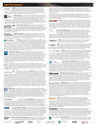Accenture is a global management consulting, technology services and outsourcing
company. Combining unparalleled experience, comprehensive capabilities across all
industries and business functions, and extensive research on the world’s most successful
companies, Accenture collaborates with clients to help them become high-performance businesses and
governments. With approximately 204,000 people serving clients in more than 120 countries, the company
generated net revenues of US$21.6 billion for the fiscal year ended Aug. 31, 2010.
Advent Software, Inc., a global firm, has provided trusted solutions to the world’s
financial professionals since 1983. Today firms in more than 60 countries rely on
Advent technology to run their mission-critical operations. Advent’s quality software,
data, services and tools enable financial professionals to improve service and
communication to their clients, allowing them to grow their business while controlling costs. Advent is the
only financial services software company to be awarded the Service Capability and Performance certification
for being a world-class support and services organization. Advent Software, Inc. Corporate Headquarters: 600
Townsend St., San Francisco, CA, 94103, 415.543.7696, www.advent.com
Bank of America Merrill Lynch Global Execution Services offers a full suite
of premier equity trading solutions enhanced by the firm's vast global
resources, access to superior liquidity, world-class technology and leading scale
positions in capital markets. The range of offerings includes capital commitment and block trading, portfolio
trading, direct market access, sophisticated quantitative analytics and research, and our powerful algorithmic
trading platform. U.S. +212.449.6090 Europe: +44.207.996.4521 Asia: +852.2161.7550 Japan:
+813.6225.8398 www.baml.com
Bloomberg Tradebook® is a leading global agency broker that provides direct
market access and a breadth of trading analytics and algorithms to institutional
traders that seek maximum alpha on every market transaction. Founded in 1996,
Tradebook offers its customer base multi-asset, multi-currency trading solutions to actively manage complex
trading strategies in over 60 global markets. www.BloombergTradebook.com
BNP Paribas (www.bnpparibas.com) is one of the six strongest banks in the
world* and the largest bank in the eurozone by deposits. With a presence in
more than 80 countries and about 200,000 employees, including 160,000 in Europe, BNP Paribas is a leading
European provider of financial services on a worldwide scale. It ranks highly in its three core activities: Retail
Banking, Investment Solutions and Corporate & Investment Banking. In Retail Banking, the Group has four
domestic markets: Belgium, France, Italy and Luxembourg. BNP Paribas is rolling out its integrated model
across the Europe-Mediterranean zone and boasts a large network in the United States. BNP Paribas Personal
Finance is the leader in consumer lending in Europe. In its Corporate & Investment Banking and Investment
Solutions activities, BNP Paribas also enjoys top positions in Europe and solid and fast-growing businesses in
Asia. *Rated AA by Standard & Poor's i.e. 3rd rating on a scale of 22.
Charles River Development is a front-/middle-office software solutions provider to over 300
investment firms in the institutional, wealth management/trust, alternative, mutual funds,
insurance, pension fund and fund administration/custody markets in 30 countries. The Charles
River Investment Management System, a comprehensive front-/middle-office software suite for all
asset classes, includes Charles River Manager – decision support/portfolio management/modeling; Charles
River Compliance - real-time pre-trade/in-trade/postexecution/ end-of-day compliance management; Charles
River Trader – order management/electronic trading/execution management; Charles River Post-Trade -
centralized management of trade matching/confirmation/settlement workflow; Charles River Performance -
daily performance measurement/attribution/performance risk. It is fully integrated with the broker-neutral
Charles River FIX Network.
Citi, the leading global financial services company, has approximately 200 million customer
accounts and does business in more than 160 countries and jurisdictions. Through Citicorp and Citi
Holdings, Citi provides consumers, corporations, governments and institutions with a broad range of financial
products and services, including consumer banking and credit, corporate and investment banking, securities
brokerage, transaction services, and wealth management. Additional information may be found at
www.citigroup.com or www.citi.com.
As one of the world's leading banks, Credit Suisse provides its clients with
investment banking, private banking and asset management services worldwide.
Credit Suisse offers advisory services, comprehensive solutions and innovative
products to companies, institutional clients and high-net-worth private clients globally, as well as retail clients in
Switzerland. Credit Suisse is active in over 50 countries and employs approximately 45,000 people. Credit
Suisse's parent company, Credit Suisse Group, is a leading global financial services company headquartered in
Zurich. Credit Suisse Group's registered shares (CSGN) are listed in Switzerland and, in the form of American
Depositary Shares (CS), in New York. Further information about Credit Suisse can be found at www.credit-
suisse.com. Advanced Execution Services® (AES) is Credit Suisse's award-winning suite of algorithmic trading
strategies, tools, and analytics for global trading across equities, options, futures and foreign exchange. With
AES’s tools, traders can improve performance versus benchmarks, work orders on multiple liquidity pools, and
add consistency to the trading process. The AES team is dedicated to a philosophy of constant improvement
and innovation. AES continues to evolve as new trends develop in the marketplace and as our research teams
discover more effective trading techniques. This is why AES has been recognized consistently as the leader in
algorithmic trading.
Deutsche Bank is a leading global investment bank with a strong and profitable private clients
franchise. A leader in Germany and Europe, the bank is continuously growing in North America, Asia
and key emerging markets. With Euro 1,733 billion in assets and 78,896 employees in 72 countries,
Deutsche Bank offers unparalleled financial services throughout the world. The bank competes to be
the leading global provider of financial solutions for demanding clients creating exceptional value for its
shareholders and people. Global Markets’ equity business, Global Markets Equity, is a market leading provider of
equity and equity-linked products to institutional, corporate and retail clients globally. The award-winning
platform offers scalability and flexibility in its design, providing a global network of execution services and
financial engineering expertise.
Founded in 1996, FlexTrade Systems Inc. is the industry pioneer and
global leader in broker-neutral algorithmic trading platforms and
execution systems for equities, foreign exchange and listed derivatives. FlexTRADER, our flagship platform for
algorithmic trading, is widely viewed as unique in the industry for its combined high performance and multi-
asset capability. With offices in North America, Europe and Asia, FlexTrade provides access to nearly 250
trading destinations including brokers, exchanges, dark pools and ECNs, and can be implemented onsite or as
a fully-hosted ASP platform via data centers in Chicago, New York, New Jersey, London, Paris and Singapore.
Grupo Bursatil Mexicano (GBM) is an independent Mexican investment and brokerage
firm with more than 30 years of experience in Mexico’s financial market. Great effort and
a keen focus throughout the years have placed us in the lead in terms of equity trading,
private banking, investment funds, and e-trading in the Mexican market. Today, our value oriented investment
ideas based on the thorough analysis and core input fundamentals from the largest research team in the entire
country, together with our three-way execution model with broker dealers in Mexico, the US, and Brazil, have
placed us as leaders in the Mexican Market. Finally, in 2002 GBM introduced FIX Protocol to the Mexican
market. We were the first ones to offer this service and we proudly continue with great improvements.
Goldman Sachs Execution & Clearing, L.P, through its GSET offering, provides clients
with the necessary tools to manage their trades from start to finish, from pre-trade analytics
to post-trade analysis. Clients access our products via REDIPlus(r), our top-ranked EMS
platform, or via FIX. Customers can seek liquidity using our suite of multi-asset algorithms, route to optimal
destinations using our SIGMA smart router, and take advantage of non-displayed liquidity through our
SIGMA(tm) and SIGMA X(tm) non-displayed liquidity suite. Along with providing clients access to global equity
markets, we also offer FX, futures, and options across North America, Europe, and Asia. For more information,
visit http://gset.gs.com.
The Goldman Sachs Group, Inc. is a leading global financial services firm providing investment banking,
securities and investment management services to a substantial and diversified client base that includes
corporations, financial institutions, governments and high-net-worth individuals. Founded in 1869, the firm is
headquartered in New York and maintains offices in London, Frankfurt, Tokyo, Hong Kong and other major
financial centers around the world.
Instinet is an electronic trading pioneer, having established the world’s first major
electronic trading venue in 1969, one of the first recognized U.S. ECNs in 1997 and
the first pan-European MTF in 2007. Instinet operates a global network of agency-
only brokers that seek to help institutions lower overall trading costs and improve investment performance
through the use of innovative electronic trading products, including smart-routing, algorithms, DMA, dark
pools and EMS platforms, and also provide sales trading, commission management services and independent
research. Instinet is a wholly-owned subsidiary of Nomura Holdings, Inc. For more information, please visit
www.instinet.com.
Investment Technology Group, Inc., is a independent agency research broker that
partners with asset managers globally to improve performance throughout the investment
process. A leader in electronic trading since launching the POSIT® crossing network in
1987, ITG takes a consultative approach in delivering the highest quality institutional
liquidity, execution services, analytical tools, and proprietary research insights grounded in data. Asset
managers rely on ITG's independence, experience, and intellectual capital to help mitigate risk, improve
performance, and navigate increasingly complex markets. The firm is headquartered in New York with offices in
North America, Europe, and the Asia Pacific region. For more information on ITG, please visit www.itg.com.
Jefferies, a global securities and investment banking firm, has served companies and
their investors for more than 48 years. Jefferies & Company, Inc. is the principal
operating subsidiary of Jefferies Group, Inc. (NYSE: JEF: jefferies.com).
Knight is a global financial services firm that provides trade execution, research and capital
market services across multiple asset classes. The firm is consistently ranked as the leading
source of liquidity in U.S. equities with over 10 billion shares traded daily. Knight has a
growing global presence with offices located throughout North America, Europe and the Asia-Pacific region.
To learn more about Knight Capital Group, Inc. (NYSE Euronext: KCG) go to www.knight.com
Liquidnet is the premier institutional investment community, bringing together
the world’s largest asset managers and public companies on a single network
that directly connects traders, portfolio managers, analysts and corporate
issuers. Liquidnet enables Members of its community to achieve greater performance by moving from
investment idea to implementation faster, ultimately retaining more alpha throughout the entire institutional
investment cycle. Launched in 2001, the Liquidnet community extends to 36 equity markets across five
continents. Liquidnet is headquartered in New York with offices in Boston, London, San Francisco, Chicago,
Toronto, Tokyo, Hong Kong, Sydney and Singapore. For more information on the Liquidnet community, its
liquidity, block executions, and additional investment capabilities, visit www.liquidnet.com.
London Stock Exchange Group (LSE.L) sits at the heart of the world’s
financial community. The Group operates a broad range of international
equity, bond and derivatives markets, including London Stock Exchange;
Borsa Italiana; MTS, Europe's leading fixed income market; and Turquoise, offering pan-European and US lit
and dark equity trading. Through its markets, the Group offers international business unrivalled access to
Europe’s capital markets. The Group is a leading developer of high performance trading platforms and capital
markets software and also offers its customers around the world an extensive range of real-time and reference
data products and market-leading post-trade services. Headquartered in London, United Kingdom with
significant operations in Italy and Sri Lanka, the Group employs around 1500 people. Further information on
London Stock Exchange Group can be found at www.londonstockexchangegroup.com.
Microsoft’s Financial Services Group provides software that helps financial firms
transform the customer, employee and operations experience so they can
maximize opportunities for increased market share and profitability. Microsoft software helps empower people
and IT staff within financial firms — and across key focus areas such as advisor platforms, channel renewal,
insurance value chain, enterprise risk management and compliance, and payments. Through a combination of
Microsoft- and partner-provided solutions, customers enable their employees to turn data into insight,
transform ideas into action and turn change into opportunity. More information about Microsoft’s Financial
Services Group can be found at http://www.microsoft.com/financialservices.
Morgan Stanley has earned a worldwide reputation for excellence in financial
advice and market execution. With more than 1,200 offices in 37 countries, the
people of Morgan Stanley are dedicated to providing our clients the finest thinking, products and services to
help them achieve even their most challenging goals. Morgan Stanley Electronic Trading (MSET) provides a
complete spectrum of services from pre-trade analytics, execution, post-trade execution performance analysis
and commission management. We offer a comprehensive algorithmic trading suite and various direct market
access (DMA) strategies, including our smart order routing technology and our dark liquidity pool aggregator.
Whether you are connecting to us via a third-party order management system or using our Morgan Stanley
Passport execution management system, our global product offering provides seamless access to trade
portfolios, single stocks, ETFs, options, futures, swaps, and foreign exchange. Our team is committed to
providing stellar trading solutions for the most demanding specifications. For more information contact:
Morgan Stanley Electronic Trading (MSET), 1585 Broadway, 6th Floor, New York, N.Y. 10036, Tel: (877) 761-
MSET, E-mail: mset-na@morganstanley.com
Neonet is a global agency brokerage that offers professional market participants
independent, high-speed brokerage services based on advanced trading software
solutions. Neonet’s state-of-the art execution technology provides connectivity to markets
across the EMEA, Americas and Asia-Pacific. Neonet’s services include a comprehensive execution
management system, advanced trading algorithms, smart order routing, market data services and a 24 hour
trading desk for manual execution and support. Neonet’s clients are found in over 25 countries and include
banks, brokerage firms, institutional investors, hedge funds and trading venues. Neonet Securities is an Orc
Software company. Orc Software is publicly traded on NASDAQ OMX Stockholm (SSE:ORC). For further
information, visit www.neonet.com.
Nomura is a leading financial services group and the preeminent Asian-based
investment bank with worldwide reach. Nomura provides a broad range of
innovative solutions tailored to the specific requirements of individual, institutional, corporate and government
clients through an international network in over 30 countries. Based in Tokyo and with regional headquarters in
Hong Kong, London, and New York, Nomura employs more than 27,000 staff worldwide. Nomura’s unique
understanding of Asia enables the company to make a difference for clients through three business divisions:
retail, wholesale (global markets, investment banking, and other wholesale), and asset management.
RBC Capital Markets is a full service investment bank that provides a focused
set of products and services to institutions, corporations, governments and high
net worth clients around the world. With over 3,000 professional and support
About Our Sponsors
9Lead Sponsors:
 