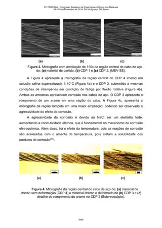 (a) (b) (c)
Figura 3. Micrografia com ampliação de 150x da região central do cabo de aço
do: (a) material de partida, (b) CDP 1 e (c) CDP 2. (MEV-SE).
A Figura 4 apresenta a micrografia da região central do CDP 4 imerso em
solução salina supersaturada à 40°C (Figura 4a) e o CDP 3, submetido a mesmas
condições de intempéries em condição de fadiga por flexão rotativa (Figura 4b).
Ambas as amostras apresentam corrosão nos cabos de aço. O CDP 3 apresenta o
rompimento de um arame em uma região do cabo. A Figura 4c, apresenta a
micrografia da região rompida em uma maior ampliação, podendo ser observado a
agressividade do efeito da corrosão.
A agressividade da corrosão é devido ao NaCl ser um eletrólito forte,
aumentando a condutividade elétrica, que é fundamental no mecanismo de corrosão
eletroquímica. Além disso, há o efeito da temperatura, pois as reações de corrosão
são aceleradas com o amento da temperatura, pois afetam a solubilidade dos
produtos de corrosão(13)
.
(a) (b) (c)
Figura 4. Micrografia da região central do cabo de aço do: (a) material de
imerso sem deformação (CDP 4) e material imerso e deformado do (b) CDP 3 e (c)
detalhe do rompimento do arame no CDP 3 (Estereoscópio).
23º CBECiMat - Congresso Brasileiro de Engenharia e Ciência dos Materiais
04 a 08 de Novembro de 2018, Foz do Iguaçu, PR, Brasil
4595
 