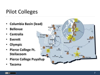 7
Pilot Colleges
• Columbia Basin (lead)
• Bellevue
• Centralia
• Everett
• Olympic
• Pierce College Ft.
Steilacoom
• Pierce College Puyallup
• Tacoma
 