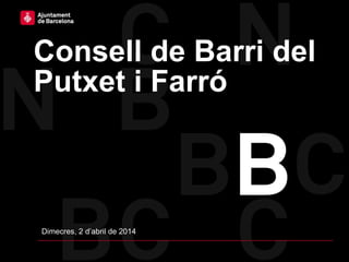 Consell de Barri del
Putxet i Farró
Dimecres, 2 d’abril de 2014
 
