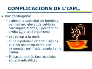 COMPLICACIONS DE L’IAM                (3)



• Xoc cardiogènic
  – s’afecta la capacitat de bombeig,
    pel número elevat de cèl·lules
    cardíaques mortes, i per tant no
    arriba O2 a tot l’organisme.
  – pot portar a la mort.
  – hi ha hipotensió arterial i signes
    que els teixits no estan ben
    oxigenats: pell freda, suada i amb
    cianosi.
  – El tractament és farmacològic:
    equip medicalitzat.
 
