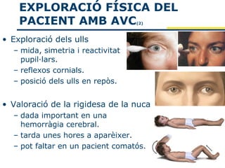 EXPLORACIÓ FÍSICA DEL
    PACIENT AMB AVC                (2)



• Exploració dels ulls
  – mida, simetria i reactivitat
    pupil·lars.
  – reflexos cornials.
  – posició dels ulls en repòs.


• Valoració de la rigidesa de la nuca
  – dada important en una
    hemorràgia cerebral.
  – tarda unes hores a aparèixer.
  – pot faltar en un pacient comatós.
 