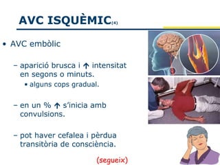 AVC ISQUÈMIC               (4)




• AVC embòlic

  – aparició brusca i  intensitat
    en segons o minuts.
     • alguns cops gradual.


  – en un %  s’inicia amb
    convulsions.

  – pot haver cefalea i pèrdua
    transitòria de consciència.

                          (segueix)
 
