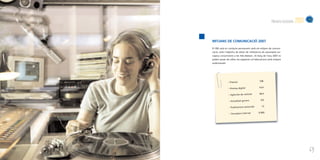 Memòria d’activitats   2007

MITJANS DE COMUNICACIÓ 2007

El CBE està en contacte permanent amb els mitjans de comuni-
cació, amb l’objectiu de dotar de rellevància als assumptes eu-
ropeus concernents a les Illes Balears. Al llarg de l’any 2007 es
poden posar de relleu les següents col·laboracions amb mitjans
audiovisuals:




                • Premsa                    108


                • Premsa digital            14,4


                • Agències de notícies      38,4


                • Actualitat govern           9,6


                • Publicacions sectorials     12


                • Cercadors internet        9.000




                                                                                      63
 