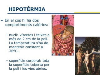 HIPOTÈRMIA

• En el cos hi ha dos
  compartiments calòrics:

  – nucli: vísceres i teixits a
    més de 2 cm de la pell.
    La temperatura s’ha de
    mantenir constant a
    36ºC.

  – superfície corporal: tota
    la superfície coberta per
    la pell i les vies aèries.
 
