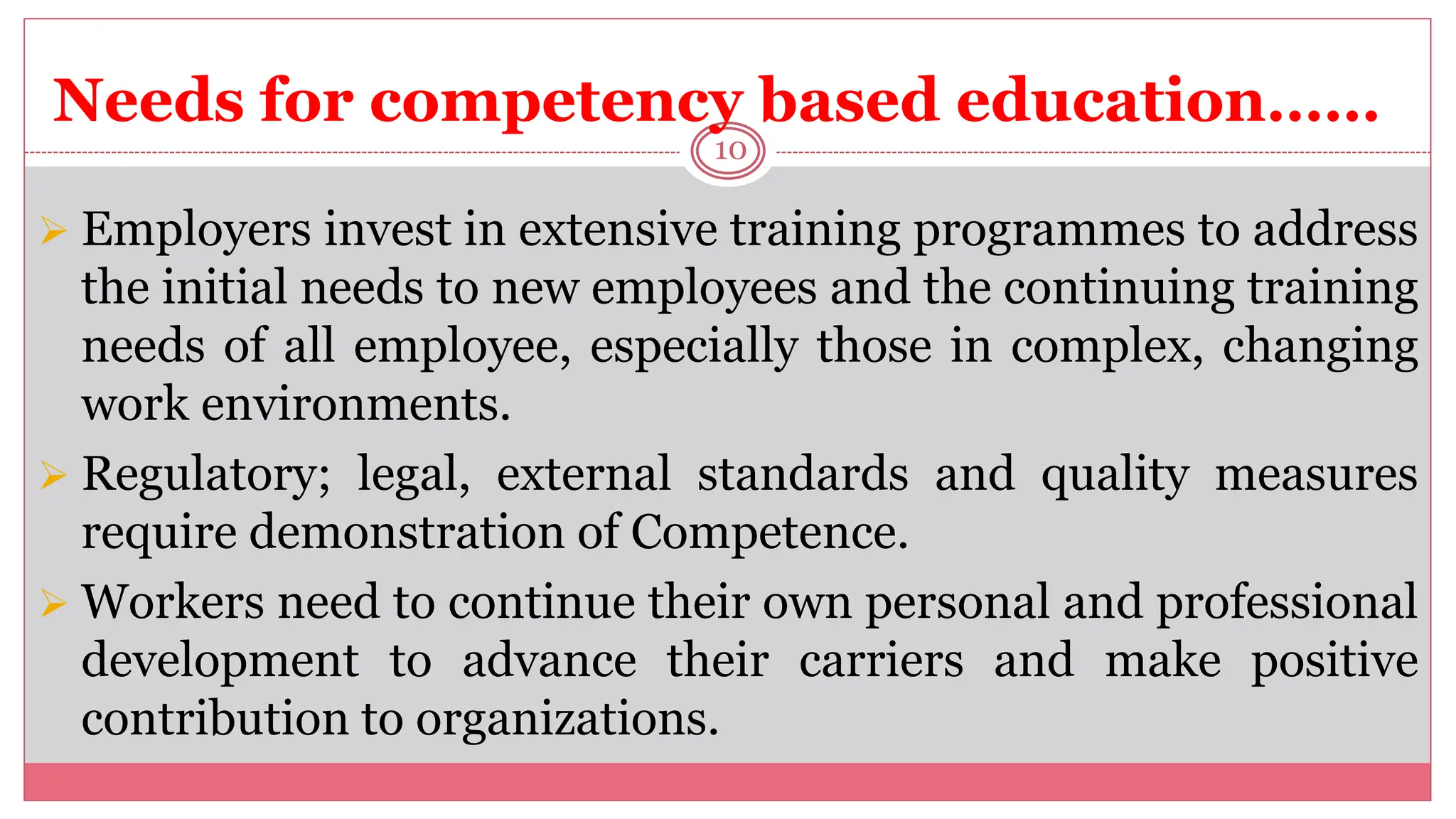 Needs for competency based education……
10
 Employers invest in extensive training programmes to address
the initial needs to new employees and the continuing training
needs of all employee, especially those in complex, changing
work environments.
 Regulatory; legal, external standards and quality measures
require demonstration of Competence.
 Workers need to continue their own personal and professional
development to advance their carriers and make positive
contribution to organizations.
 