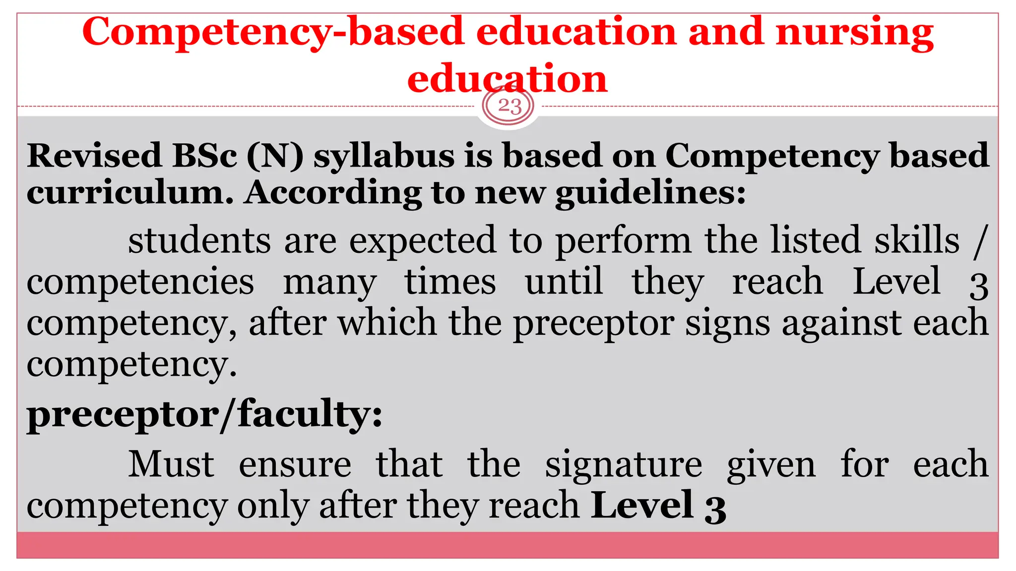 Competency-based education and nursing
education
23
Revised BSc (N) syllabus is based on Competency based
curriculum. According to new guidelines:
students are expected to perform the listed skills /
competencies many times until they reach Level 3
competency, after which the preceptor signs against each
competency.
preceptor/faculty:
Must ensure that the signature given for each
competency only after they reach Level 3
 