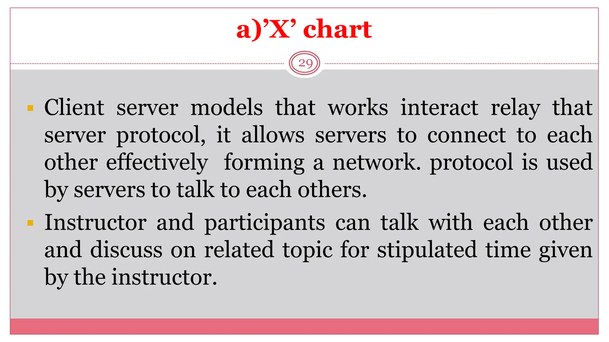a)’X’ chart
29
 Client server models that works interact relay that
server protocol, it allows servers to connect to each
other effectively forming a network. protocol is used
by servers to talk to each others.
 Instructor and participants can talk with each other
and discuss on related topic for stipulated time given
by the instructor.
 