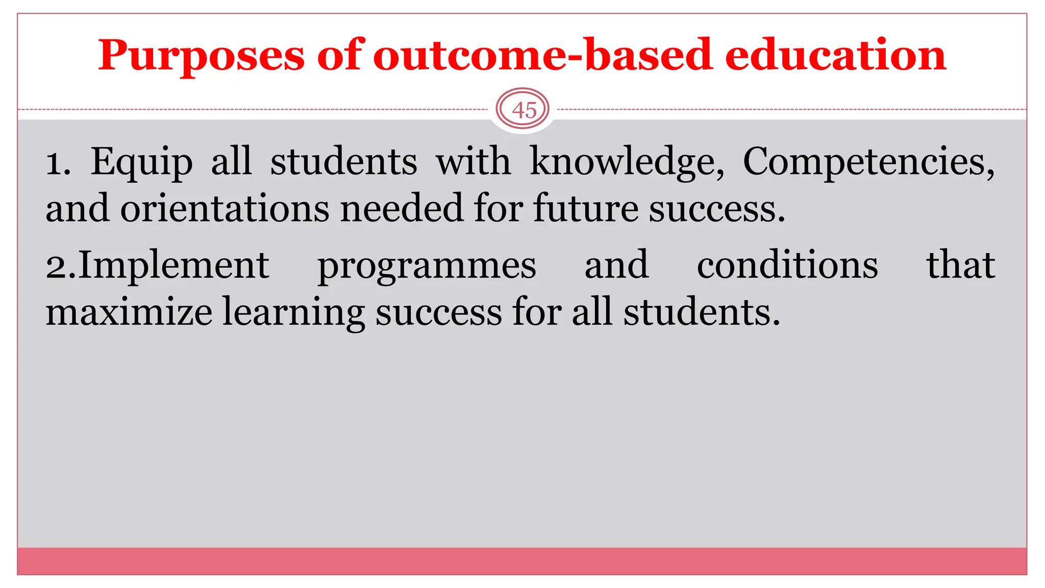 Purposes of outcome-based education
45
1. Equip all students with knowledge, Competencies,
and orientations needed for future success.
2.Implement programmes and conditions that
maximize learning success for all students.
 