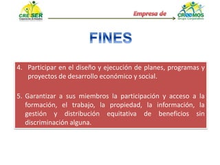 4. Participar en el diseño y ejecución de planes, programas y
proyectos de desarrollo económico y social.
5. Garantizar a sus miembros la participación y acceso a la
formación, el trabajo, la propiedad, la información, la
gestión y distribución equitativa de beneficios sin
discriminación alguna.
 