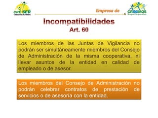 Los miembros de las Juntas de Vigilancia no
podrán ser simultáneamente miembros del Consejo
de Administración de la misma cooperativa, ni
llevar asuntos de la entidad en calidad de
empleado o de asesor.
Los miembros del Consejo de Administración no
podrán celebrar contratos de prestación de
servicios o de asesoría con la entidad.
 