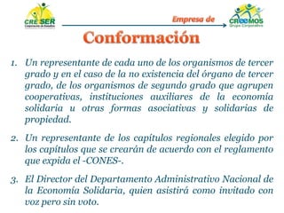 1. Un representante de cada uno de los organismos de tercer
grado y en el caso de la no existencia del órgano de tercer
grado, de los organismos de segundo grado que agrupen
cooperativas, instituciones auxiliares de la economía
solidaria u otras formas asociativas y solidarias de
propiedad.
2. Un representante de los capítulos regionales elegido por
los capítulos que se crearán de acuerdo con el reglamento
que expida el -CONES-.
3. El Director del Departamento Administrativo Nacional de
la Economía Solidaria, quien asistirá como invitado con
voz pero sin voto.
 