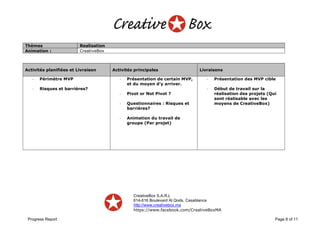 CreativeBox S.A.R.L
614-616 Boulevard Al Qods, Casablanca
http://www.creativebox.ma
https://www.facebook.com/CreativeBoxMA
Progress Report Page 8 of 11
Thèmes Realisation
Animation : CreativeBox
Activités planifiées et Livraison Activités principales Livraisons
- Périmètre MVP
- Risques et barrières?
- Présentation de certain MVP,
et du moyen d’y arriver.
- Pivot or Not Pivot ?
- Questionnaires : Risques et
barrières?
- Animation du travail de
groupe (Par projet)
- Présentation des MVP cible
- Début de travail sur la
réalisation des projets (Qui
sont réalisable avec les
moyens de CreativeBox)
 