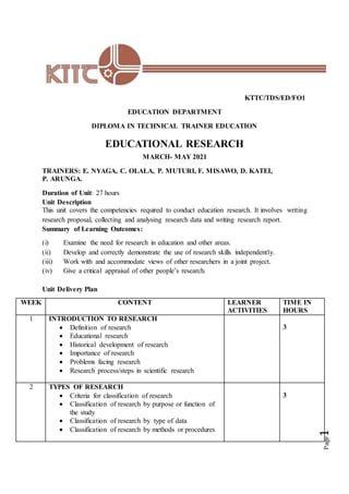 Page
1
KTTC/TDS/ED/FO1
EDUCATION DEPARTMENT
DIPLOMA IN TECHNICAL TRAINER EDUCATION
EDUCATIONAL RESEARCH
MARCH- MAY 2021
TRAINERS: E. NYAGA, C. OLALA, P. MUTURI, F. MISAWO, D. KATEI,
P. ARUNGA.
Duration of Unit: 27 hours
Unit Description
This unit covers the competencies required to conduct education research. It involves writing
research proposal, collecting and analysing research data and writing research report.
Summary of Learning Outcomes:
(i) Examine the need for research in education and other areas.
(ii) Develop and correctly demonstrate the use of research skills independently.
(iii) Work with and accommodate views of other researchers in a joint project.
(iv) Give a critical appraisal of other people’s research.
Unit Delivery Plan
WEEK CONTENT LEARNER
ACTIVITIES
TIME IN
HOURS
1 INTRODUCTION TO RESEARCH
 Definition of research
 Educational research
 Historical development of research
 Importance of research
 Problems facing research
 Research process/steps in scientific research
3
2 TYPES OF RESEARCH
 Criteria for classification of research
 Classification of research by purpose or function of
the study
 Classification of research by type of data
 Classification of research by methods or procedures
3
 