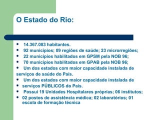 O Estado do Rio:
 14.367.083 habitantes.
 92 municípios; 09 regiões de saúde; 23 microrregiões;
 22 municípios habilitados em GPSM pela NOB 96;
 70 municípios habilitados em GPAB pela NOB 96;
 Um dos estados com maior capacidade instalada de
serviços de saúde do País.
 Um dos estados com maior capacidade instalada de
 serviços PÚBLICOS do País.
 Possui 19 Unidades Hospitalares próprias; 06 institutos;
 02 postos de assistência médica; 02 laboratórios; 01
escola de formação técnica
 