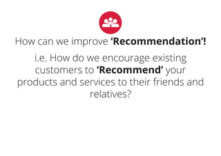 How can we improve ‘Recommendation’!
i.e. How do we encourage existing
customers to ‘Recommend’ your
products and services to their friends and
relatives?
 