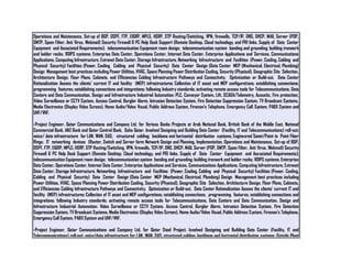Operations and Maintenance, Set-up of BGP, OSPF, FTP, EIGRP, MPLS, HSRP, STP Routing/Switching, VPN, firewalls, TCP/IP, DNS, DHCP, MAIL Server (POP,
SMTP, Spam Filter, Anti Virus, Webmail) Security Firewall & PC Help Desk Support (Remote Desktop, Cloud technology, and PRI links, Supply of Data Center
Equipment and Associated Requirements); telecommunication Equipment room design; telecommunication system bonding and grounding; building ironwork
and ladder racks; VOIPS systems; Enterprise Data Center, Operations Center, Internet Data Center, Enterprise Applications and Services, Communications
Applications, Computing Infrastructure, Extranet Data Center, Storage Infrastructure, Networking Infrastructure and Facilities (Power, Cooling, Cabling and
Physical Security) Facilities (Power, Cooling, Cabling and Physical Security) Data Center Design (Data Center MEP (Mechanical, Electrical, Plumbing)
Design Management best practices including Power Utilities, HVAC, Space Planning Power Distribution Cooling, Security (Physical), Geographic Site Selection,
Architecture Design, Floor Plans, Cabinets, and Efficiencies Cabling Infrastructure Pathways and Connectivity. Optimization or Build-out. Data Center
Rationalization Assess the clients' current IT and facility (MEP) infrastructures Collection of IT asset and MEP configurations; establishing connections;
programming features; establishing connections and integrations; following Industry standards; activating remote access tools for Telecommunications, Data
Centers and Data Communication. Design and Infrastructure Industrial Automation: PLC, Conveyor System, Lift, SCADA/Telemetry, Acoustic, Fire protection,
Video Surveillance or CCTV System, Access Control, Burglar Alarm, Intrusion Detection System, Fire Detection Suppression System, TV Broadcast Systems,
Media Electronics (Display Video Screen), Home Audio/Video Visual, Public Address System, Fireman’s Telephone, Emergency Call System, PABX System and
UHF/VHF.
-Project Engineer, Qatar Communications and Company Ltd. for Various Banks Projects at Arab National Bank, British Bank of the Middle East, National
Commercial Bank, ANZ Bank and Qatar Central Bank, Doha Qatar. Involved Designing and Building Data Center (Facility, IT and Telecommunications) roll-out:
voice/ data infrastructure for LAN, WAN, DAS; structured cabling; backbone and horizontal distribution systems; Engineered Sonet/Point to Point Fiber
Rings; IT networking devices (Router, Switch and Server farm Network Design and Planning, Implementation, Operations and Maintenance, Set-up of BGP,
OSPF, FTP, EIGRP, MPLS, HSRP, STP Routing/Switching, VPN, firewalls, TCP/IP, DNS, DHCP, MAIL Server (POP, SMTP, Spam Filter, Anti Virus, Webmail) Security
Firewall & PC Help Desk Support (Remote Desktop, Cloud technology, and PRI links, Supply of Data Center Equipment and Associated Requirements);
telecommunication Equipment room design; telecommunication system bonding and grounding; building ironwork and ladder racks; VOIPS systems; Enterprise
Data Center, Operations Center, Internet Data Center, Enterprise Applications and Services, Communications Applications, Computing Infrastructure, Extranet
Data Center, Storage Infrastructure, Networking Infrastructure and Facilities (Power, Cooling, Cabling and Physical Security) Facilities (Power, Cooling,
Cabling and Physical Security) Data Center Design (Data Center MEP (Mechanical, Electrical, Plumbing) Design Management best practices including
Power Utilities, HVAC, Space Planning Power Distribution Cooling, Security (Physical), Geographic Site Selection, Architecture Design, Floor Plans, Cabinets,
and Efficiencies Cabling Infrastructure Pathways and Connectivity. Optimization or Build-out. Data Center Rationalization Assess the clients' current IT and
facility (MEP) infrastructures Collection of IT asset and MEP configurations; establishing connections; programming features; establishing connections and
integrations; following Industry standards; activating remote access tools for Telecommunications, Data Centers and Data Communication. Design and
Infrastructure Industrial Automation: Video Surveillance or CCTV System, Access Control, Burglar Alarm, Intrusion Detection System, Fire Detection
Suppression System, TV Broadcast Systems, Media Electronics (Display Video Screen), Home Audio/Video Visual, Public Address System, Fireman’s Telephone,
Emergency Call System, PABX System and UHF/VHF.
-Project Engineer, Qatar Communications and Company Ltd. for Qatar Steel Project. Involved Designing and Building Data Center (Facility, IT and
Telecommunications) roll-out: voice/data infrastructure for LAN, WAN, DAS; structured cabling; backbone and horizontal distribution systems; Outside Plant
 
