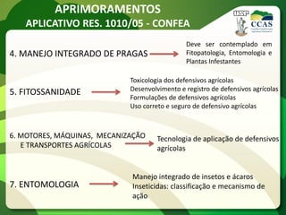 APRIMORAMENTOS
   APLICATIVO RES. 1010/05 - CONFEA
                                               Deve ser contemplado em
4. MANEJO INTEGRADO DE PRAGAS                  Fitopatologia, Entomologia e
                                               Plantas Infestantes

                             Toxicologia dos defensivos agrícolas
                             Desenvolvimento e registro de defensivos agrícolas
5. FITOSSANIDADE
                             Formulações de defensivos agrícolas
                             Uso correto e seguro de defensivo agrícolas



6. MOTORES, MÁQUINAS, MECANIZAÇÃO     Tecnologia de aplicação de defensivos
   E TRANSPORTES AGRÍCOLAS            agrícolas


                             Manejo integrado de insetos e ácaros
7. ENTOMOLOGIA               Inseticidas: classificação e mecanismo de
                             ação
 