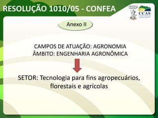 RESOLUÇÃO 1010/05 - CONFEA
                   Anexo II


        CAMPOS DE ATUAÇÃO: AGRONOMIA
        ÂMBITO: ENGENHARIA AGRONÔMICA


   SETOR: Tecnologia para fins agropecuários,
             florestais e agrícolas
 