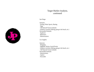 JP
Target Market Analysis,
continued
San Diego:
Interests:
-Surfing, Water Sports, Skating
-Yoga
-“All Natural”/Green Lifestyle
-Outdoor activities (hiking, going to the beach, etc.)
Personality/Lifestyle:
-Explorers
-Reformers
-Mainstreamers
Los Angeles:
Interests:
-Shopping
-Nightlife, Parties, Social Events
-Outdoor activities (hiking, going to the beach, etc.)
-”All Natural”/Green Lifestyle
Personality/Lifestyle:
-Mainstreamer
-Aspirer
-Succeeder
 