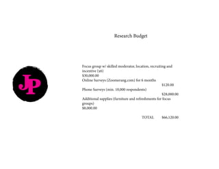 JP
Research Budget
Focus group w/ skilled moderator, location, recruiting and
incentive (x6) 								
$30,000.00
Online Surveys (Zoomerang.com) for 6 months 			
								$120.00
Phone Surveys (min. 10,000 respondents) 				
								$28,000.00
Additional supplies (furniture and refreshments for focus
groups)									
$8,000.00
						TOTAL	$66,120.00
 