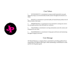 Core Values
1.	 SUSTAINABILITY: A commitment to using recycled materials for our pack-
aging and acting in an environmentally friendly manner throughout the business as a
whole.
2.	 HEALTH: A commitment to provide healthy, all-natural beauty products for all
different kinds of skin types.
3.	 PERSERVERANCE: A commitment to stay motivated to creating new, innova-
tive and quality products that will benefit our customers.
4.	 VOLUNTEER: A commitment to serving communities across the country and
doing good for the whole.
5.	 TRANSPERANCY: A commitment to being open and honest and maintaining
the highest integrity at all times.
Core Message
	
AU Naturel Beauty is a company that is committed to providing quality all-nat-
ural products for different skin types, while maintaining a commitment to work
and live for the greater good.
JP
 