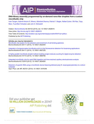 DNA-library assembly programmed by on-demand nano-liter droplets from a custom
microfluidic chip
Uwe Tangen, Gabriel Antonio S. Minero, Abhishek Sharma, Patrick F. Wagler, Rafael Cohen, Ofir Raz, Tzipy
Marx, Tuval Ben-Yehezkel, and John S. McCaskill
Citation: Biomicrofluidics 9, 044103 (2015); doi: 10.1063/1.4926616
View online: http://dx.doi.org/10.1063/1.4926616
View Table of Contents: http://scitation.aip.org/content/aip/journal/bmf/9/4?ver=pdfcov
Published by the AIP Publishing
Articles you may be interested in
Microfluidic chip system for the selection and enrichment of cell binding aptamers
Biomicrofluidics 9, 034111 (2015); 10.1063/1.4922544
Integration of programmable microfluidics and on-chip fluorescence detection for biosensing applications
Biomicrofluidics 8, 054111 (2014); 10.1063/1.4897226
A highly parallel microfluidic droplet method enabling single-molecule counting for digital enzyme detection
Biomicrofluidics 8, 014110 (2014); 10.1063/1.4866766
Integrated microfluidic chip for rapid DNA digestion and time-resolved capillary electrophoresis analysis
Biomicrofluidics 6, 012818 (2012); 10.1063/1.3654950
Detection of specific DNA using a microfluidic device featuring tethered poly( N -isopropylacrylamide) on a silicon
substrate
Appl. Phys. Lett. 97, 063701 (2010); 10.1063/1.3476356
This article is copyrighted as indicated in the article. Reuse of AIP content is subject to the terms at: http://scitation.aip.org/termsconditions. Downloaded to IP:
134.147.129.2 On: Mon, 03 Aug 2015 14:44:03
 