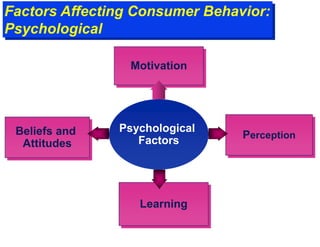 Factors Affecting Consumer Behavior:
Psychological
Psychological
Factors
Motivation
Perception
Learning
Beliefs and
Attitudes
 
