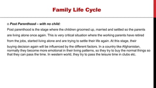 o Post Parenthood – with no child:
Post parenthood is the stage where the children groomed up, married and settled so the parents
are living alone once again. This is very critical situation where the working parents have retired
from the jobs, started living alone and are trying to settle their life again. At this stage, their
buying decision again will be influenced by the different factors. In a country like Afghanistan,
normally they become more emotional in their living patterns, so they try to buy the normal things so
that they can pass the time. In western world, they try to pass the leisure time in clubs etc.
 
