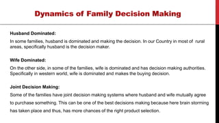 Husband Dominated:
In some families, husband is dominated and making the decision. In our Country in most of rural
areas, specifically husband is the decision maker.
Wife Dominated:
On the other side, in some of the families, wife is dominated and has decision making authorities.
Specifically in western world, wife is dominated and makes the buying decision.
Joint Decision Making:
Some of the families have joint decision making systems where husband and wife mutually agree
to purchase something. This can be one of the best decisions making because here brain storming
has taken place and thus, has more chances of the right product selection.
 