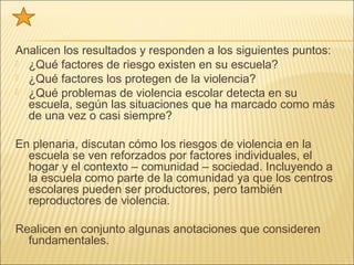 Analicen los resultados y responden a los siguientes puntos:
 ¿Qué factores de riesgo existen en su escuela?
 ¿Qué factores los protegen de la violencia?
 ¿Qué problemas de violencia escolar detecta en su
  escuela, según las situaciones que ha marcado como más
  de una vez o casi siempre?

En plenaria, discutan cómo los riesgos de violencia en la
  escuela se ven reforzados por factores individuales, el
  hogar y el contexto – comunidad – sociedad. Incluyendo a
  la escuela como parte de la comunidad ya que los centros
  escolares pueden ser productores, pero también
  reproductores de violencia.

Realicen en conjunto algunas anotaciones que consideren
  fundamentales.
 