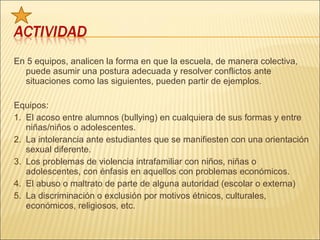En 5 equipos, analicen la forma en que la escuela, de manera colectiva,
  puede asumir una postura adecuada y resolver conflictos ante
  situaciones como las siguientes, pueden partir de ejemplos.

Equipos:
1. El acoso entre alumnos (bullying) en cualquiera de sus formas y entre
   niñas/niños o adolescentes.
2. La intolerancia ante estudiantes que se manifiesten con una orientación
   sexual diferente.
3. Los problemas de violencia intrafamiliar con niños, niñas o
   adolescentes, con énfasis en aquellos con problemas económicos.
4. El abuso o maltrato de parte de alguna autoridad (escolar o externa)
5. La discriminación o exclusión por motivos étnicos, culturales,
   económicos, religiosos, etc.
 