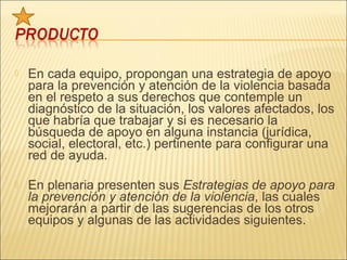    En cada equipo, propongan una estrategia de apoyo
    para la prevención y atención de la violencia basada
    en el respeto a sus derechos que contemple un
    diagnóstico de la situación, los valores afectados, los
    que habría que trabajar y si es necesario la
    búsqueda de apoyo en alguna instancia (jurídica,
    social, electoral, etc.) pertinente para configurar una
    red de ayuda.

   En plenaria presenten sus Estrategias de apoyo para
    la prevención y atención de la violencia, las cuales
    mejorarán a partir de las sugerencias de los otros
    equipos y algunas de las actividades siguientes.
 