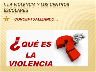 CONCEPTUALIZANDO…




 ¿
El uso deliberado de la fuerza física oel poder, ya sea
en grado de amenaza o efectivo, contra uno mismo,

   QUÉ ES
otra persona o un grupo o comunidad, que cause o
tenga muchas probabilidades de causar lediones,
muerte, daños psicológicos, trastornos del desarrollo o

    LA
privaciones (OMS, 2002)


VIOLENCIA
 