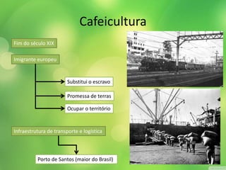 Cafeicultura 
Fim do século XIX 
Imigrante europeu 
Substitui o escravo 
Promessa de terras 
Ocupar o território 
Infraestrutura de transporte e logística 
Porto de Santos (maior do Brasil) 
 