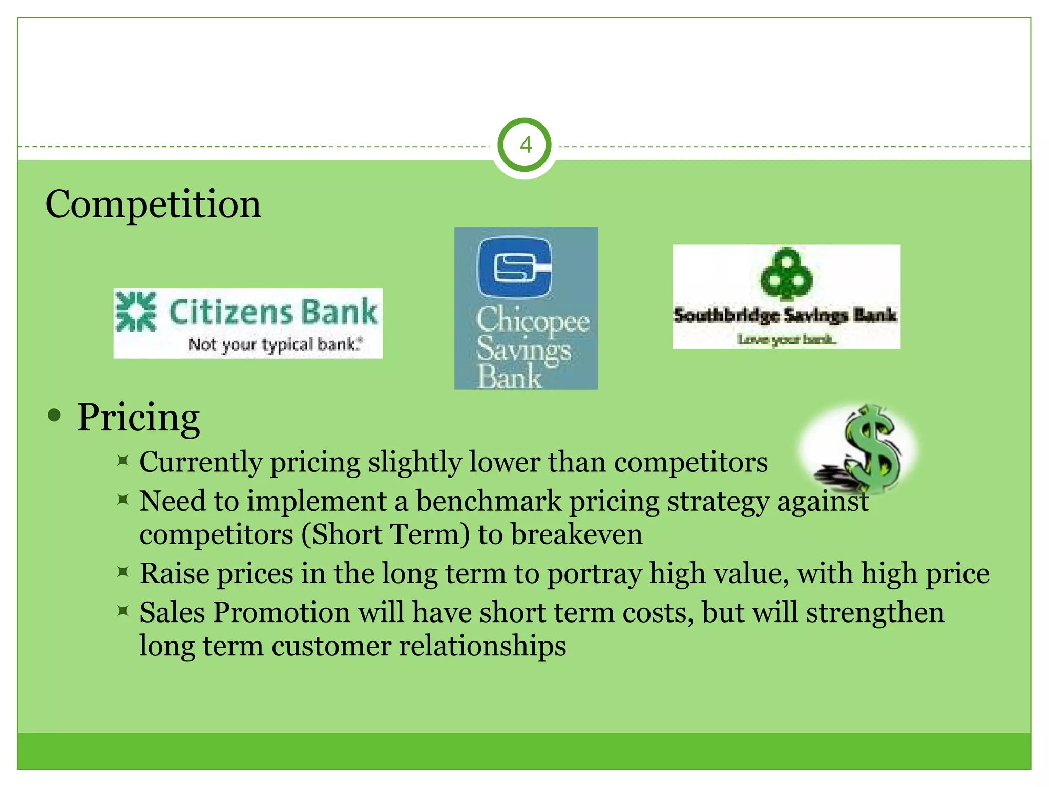 Competition Pricing Currently pricing slightly lower than competitors Need to implement a benchmark pricing strategy against competitors (Short Term) to breakeven  Raise prices in the long term to portray high value, with high price Sales Promotion will have short term costs, but will strengthen long term customer relationships  