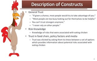 • General Trust
–
–
–
–

‘‘If given a chance, most people would try to take advantage of you.’’
‘‘Most people are too busy looking out for themselves to be helpful.’’
You can’t trust strangers anymore.’’
‘‘I never rely on other people.’’

• Risk Knowledge
– Knowledge of risks that were associated with eating chicken

• Trust in food chain, policy factors and media
– Trust was elicited by asking them to chose between a set of options
which provides information about potential risks associated with
eating chicken

 