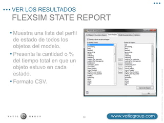 ©2013
Vatic
Consulting
Group
–
Todos
los
derechos
reservados
FLEXSIM STATE REPORT
VER LOS RESULTADOS
34
• Muestra una lista del perfil
de estado de todos los
objetos del modelo.
• Presenta la cantidad o %
del tiempo total en que un
objeto estuvo en cada
estado.
• Formato CSV.
 