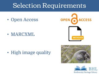 Selection Requirements
• Open Access
• MARCXML
• High image quality
 