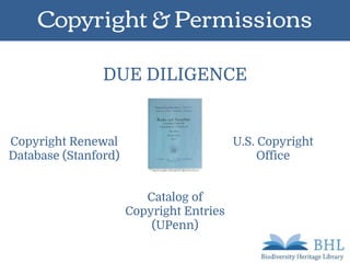 Copyright & Permissions
Copyright Renewal
Database (Stanford)
DUE DILIGENCE
Catalog of
Copyright Entries
(UPenn)
U.S. Copyright
Office
 