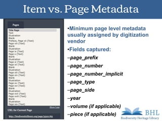 Item vs. Page Metadata
•Minimum page level metadata
usually assigned by digitization
vendor
•Fields captured:
–page_prefix
–page_number
–page_number_implicit
–page_type
–page_side
–year
–volume (if applicable)
–piece (if applicable)
 