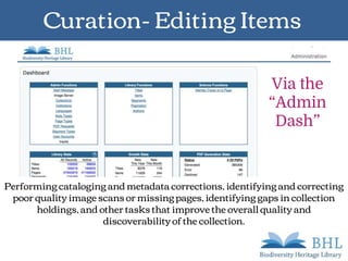 Curation- Editing Items
Performing cataloging and metadata corrections, identifying and correcting
poor quality image scans or missing pages, identifying gaps in collection
holdings, and other tasks that improve the overall quality and
discoverability of the collection.
Via the
“Admin
Dash”
 